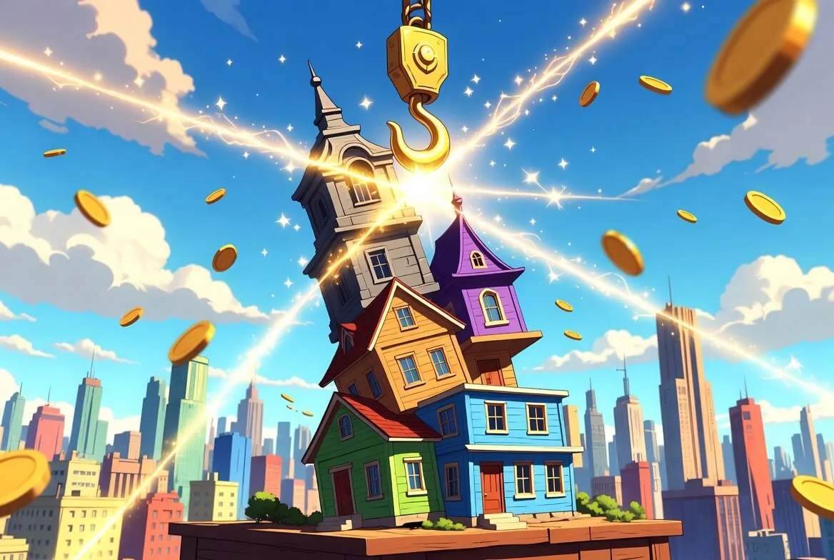 Tower Rush game skyline with a tower climbing floor by floor